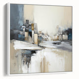 Framed canvas wall art showcasing an abstract architectural design with a white color palette, elegantly displayed from a side view, perfect for modern decor.