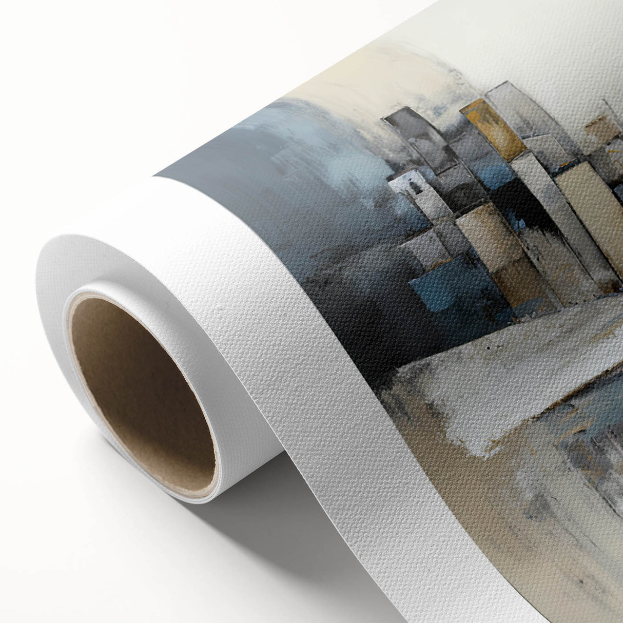 Abstract architecture wall art on rolled canvas, showcasing bold geometric shapes in vibrant colors, ideal for modern decor, packaged securely in a cardboard tube.