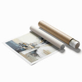 Abstract wall art print showcasing a vibrant geometric architecture design in shades of blue, gray, and white, rolled for easy shipping and display. Perfect for modern home décor.