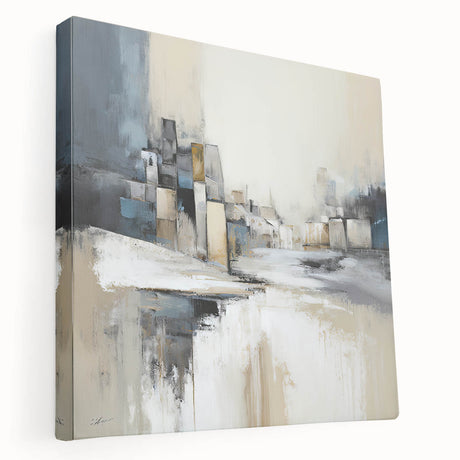 Abstract architectural wall art on stretched canvas showcasing dynamic geometric shapes and vibrant colors. Perfect for modern home decor, this piece adds a contemporary touch to any space.