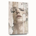 Abstract figurative wall art in vibrant colors displayed in a modern acrylic frame, showcasing a side view with visible mounting pins, ideal for contemporary decor.