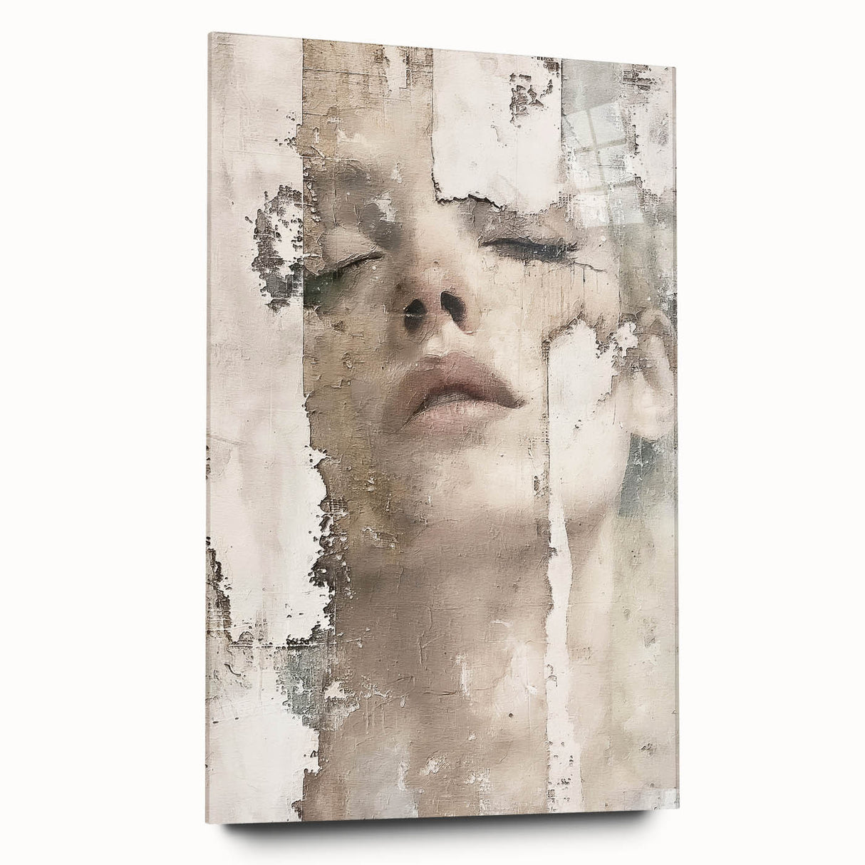 Abstract figurative wall art displayed in a sleek acrylic glass frame, showcasing vibrant colors and dynamic shapes, perfect for modern home decor.