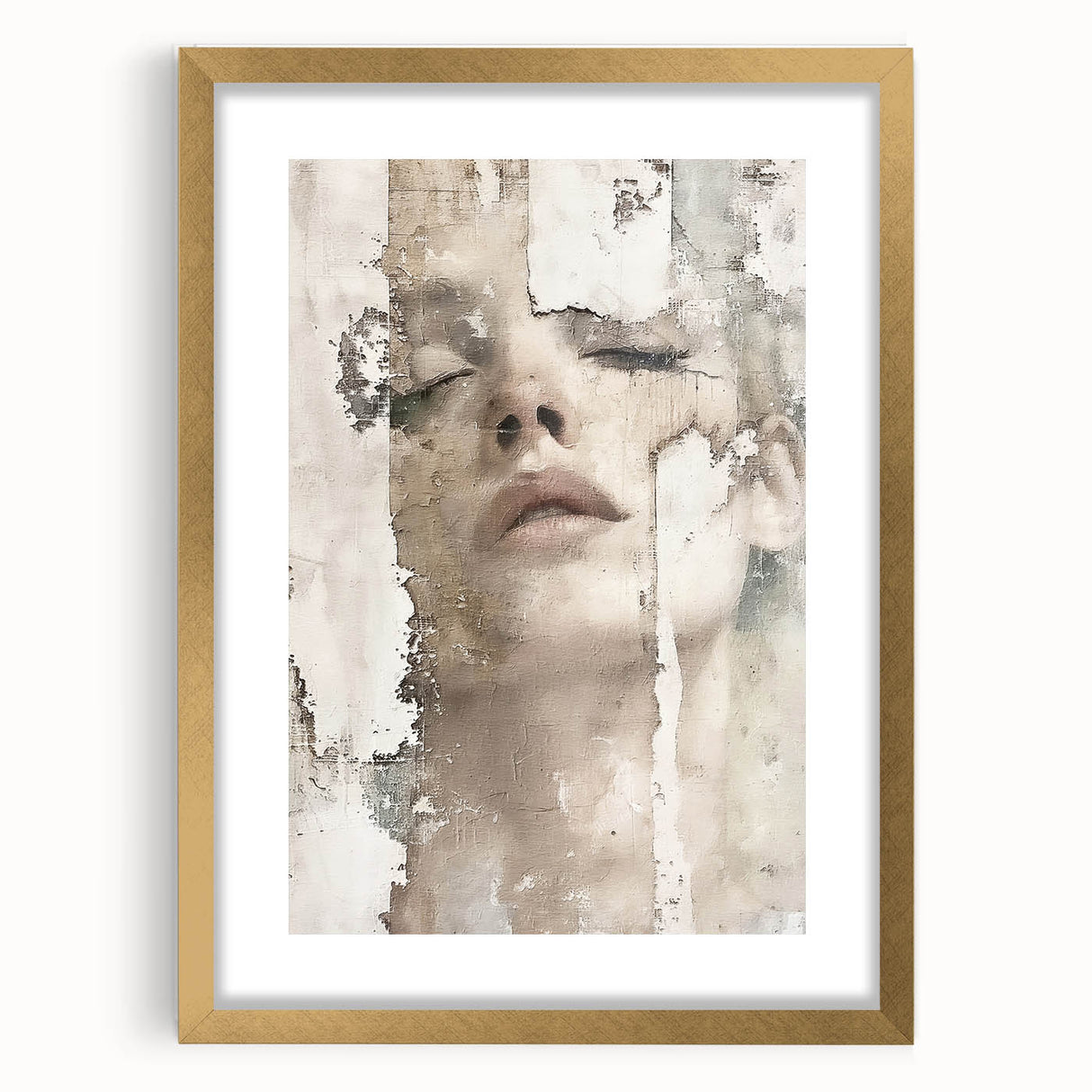 Abstract figurative wall art framed with a gold mat, showcasing vibrant colors and dynamic shapes, perfect for modern home decor or office aesthetics.
