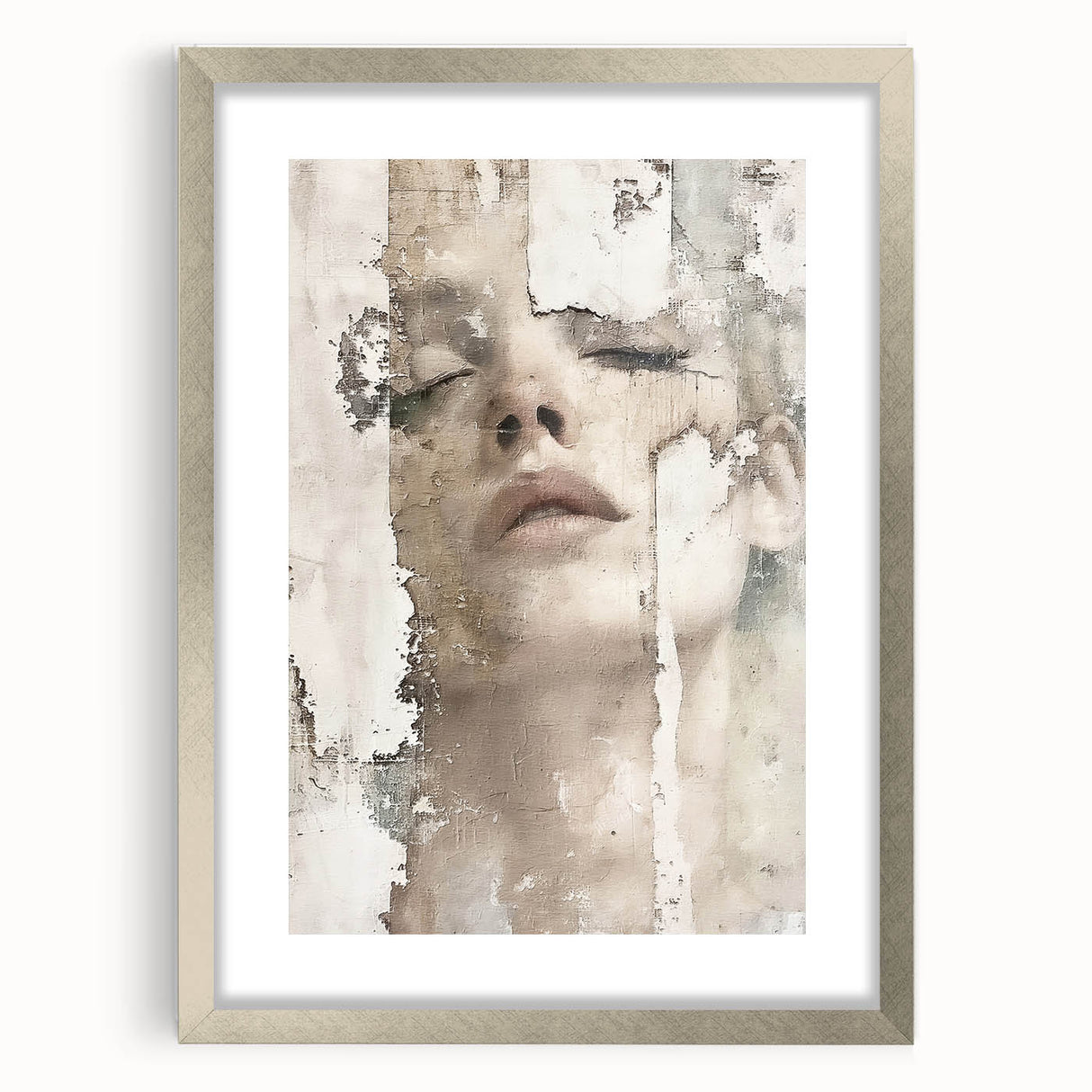 Abstract figurative wall art framed with a silver mat, showcasing vibrant colors and dynamic shapes, perfect for modern home decor and artistic expression.