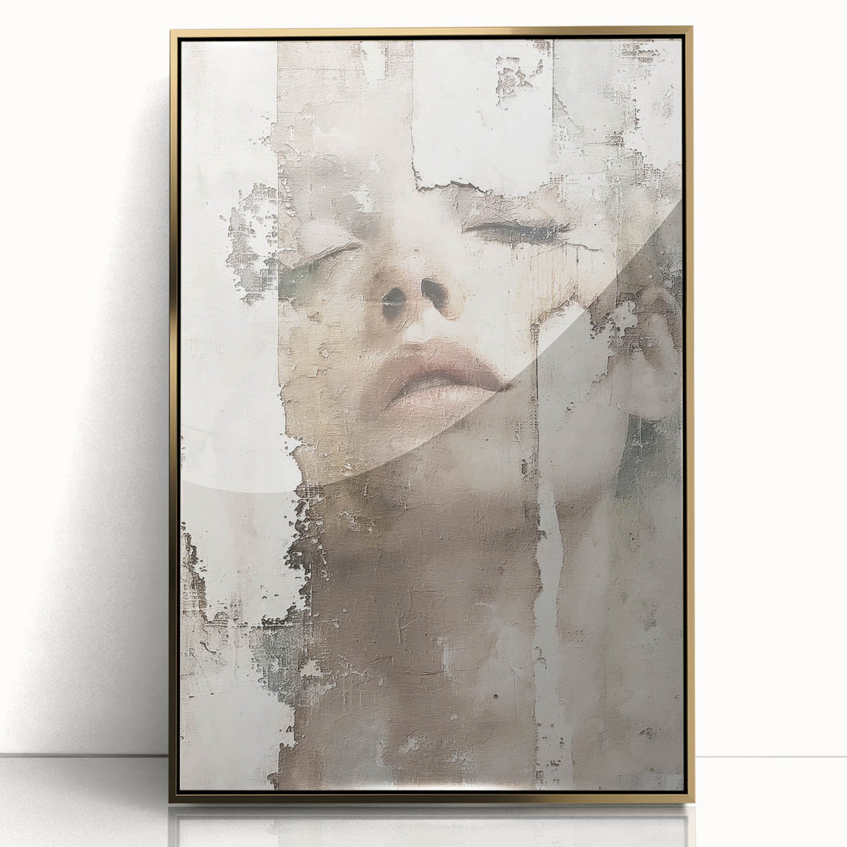 Framed abstract figurative wall art with gold accents, showcasing dynamic shapes and colors against a sleek acrylic background, perfect for modern home decor.