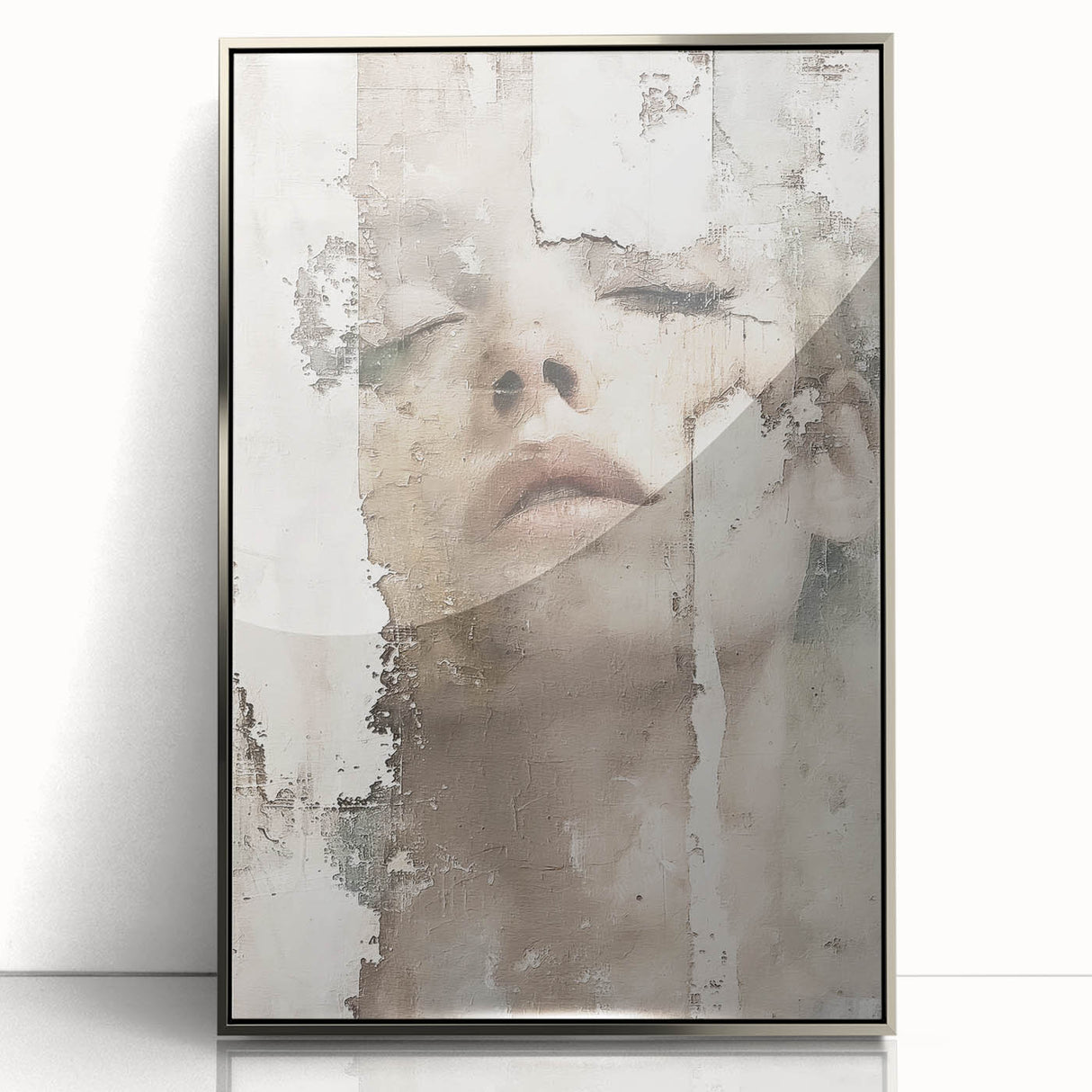 Framed abstract figurative wall art featuring a silver acrylic front, showcasing dynamic shapes and fluid lines, perfect for modern home decor.