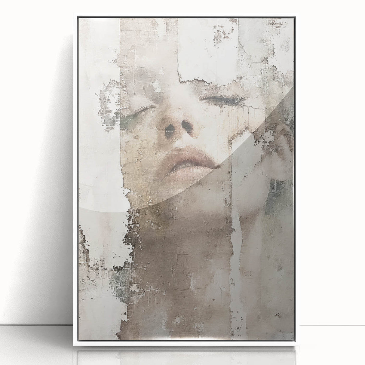 Framed abstract figurative wall art in white acrylic, showcasing vibrant colors and dynamic shapes, perfect for modern home decor and artistic expression.