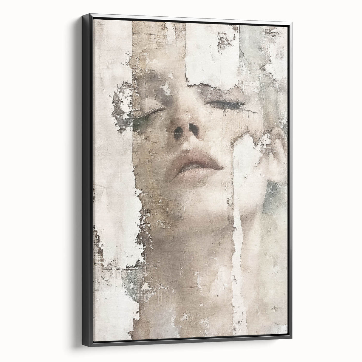 Framed abstract figurative wall art in a black frame, showcasing vibrant colors and dynamic shapes, displayed from a side view, perfect for modern decor.
