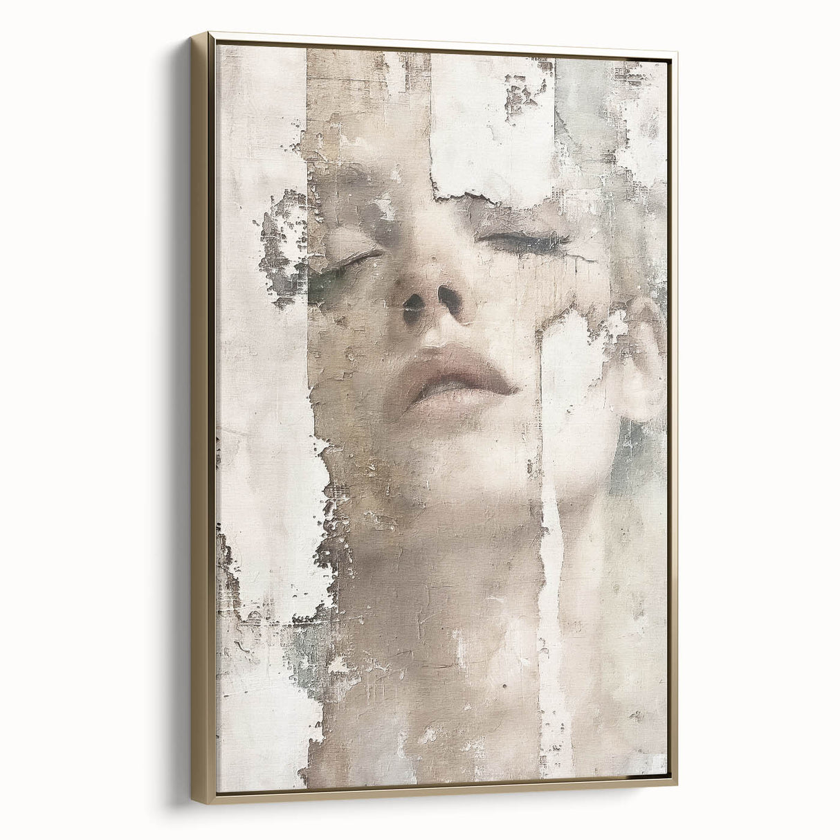 Framed abstract figurative wall art showcasing a gold color scheme, elegantly displayed from a side view, perfect for modern home decor.