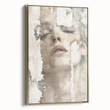 Framed abstract figurative wall art showcasing a gold color scheme, elegantly displayed from a side view, perfect for modern home decor.