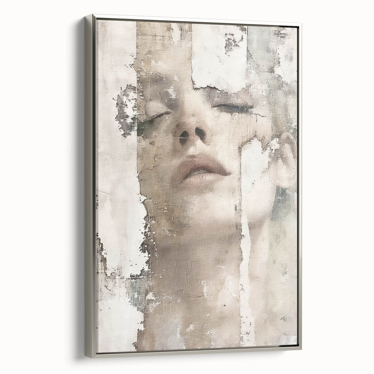 Framed abstract figurative wall art in silver, showcasing a modern design with fluid shapes and vibrant hues, displayed from a side view, ideal for contemporary decor.