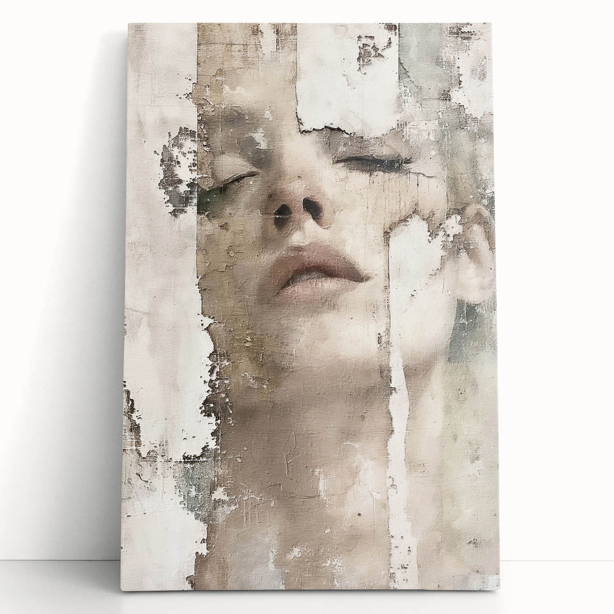 Abstract figurative wall art on stretched canvas, featuring vibrant colors and dynamic shapes, leaning against a minimalist wall, perfect for modern decor.