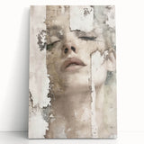 Abstract figurative wall art on stretched canvas, featuring vibrant colors and dynamic shapes, leaning against a minimalist wall, perfect for modern decor.