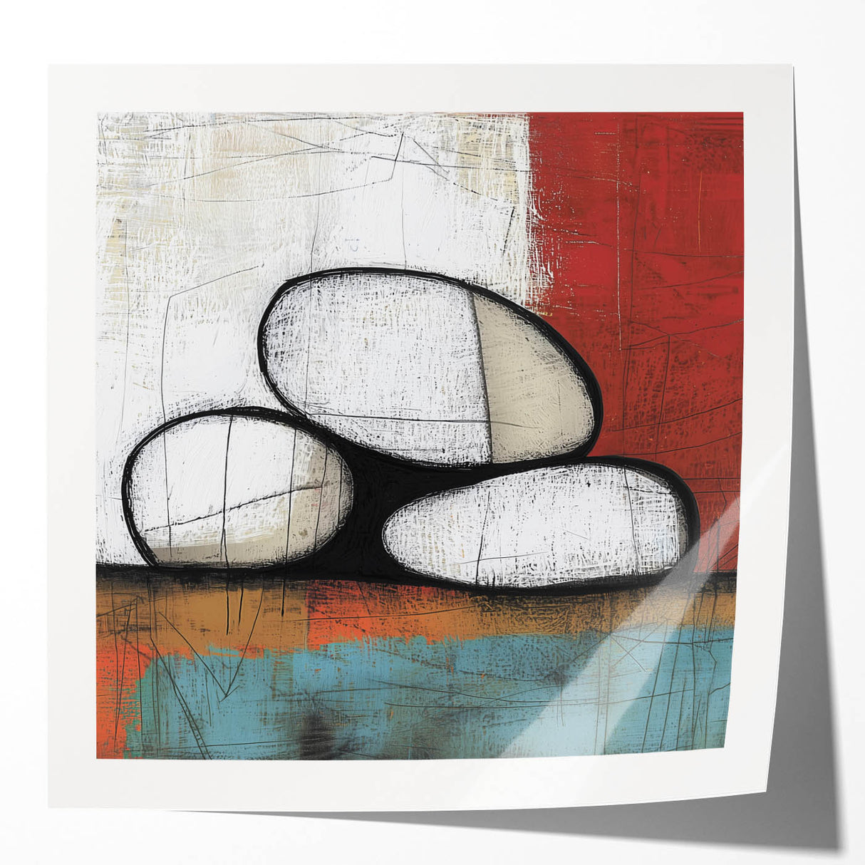 Abstract geometric photo print mockup set showcasing glossy textures and vibrant colors, ideal for modern interior decor and artistic displays.