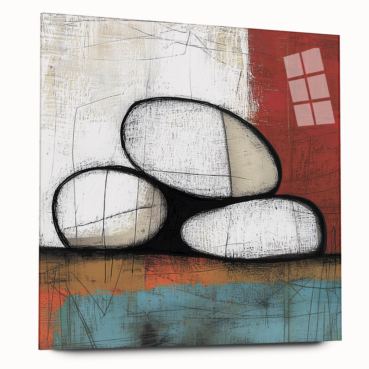 Abstract geometric acrylic glass art piece showcasing vibrant colors and intricate shapes, designed to enhance modern interiors with a sleek side view.