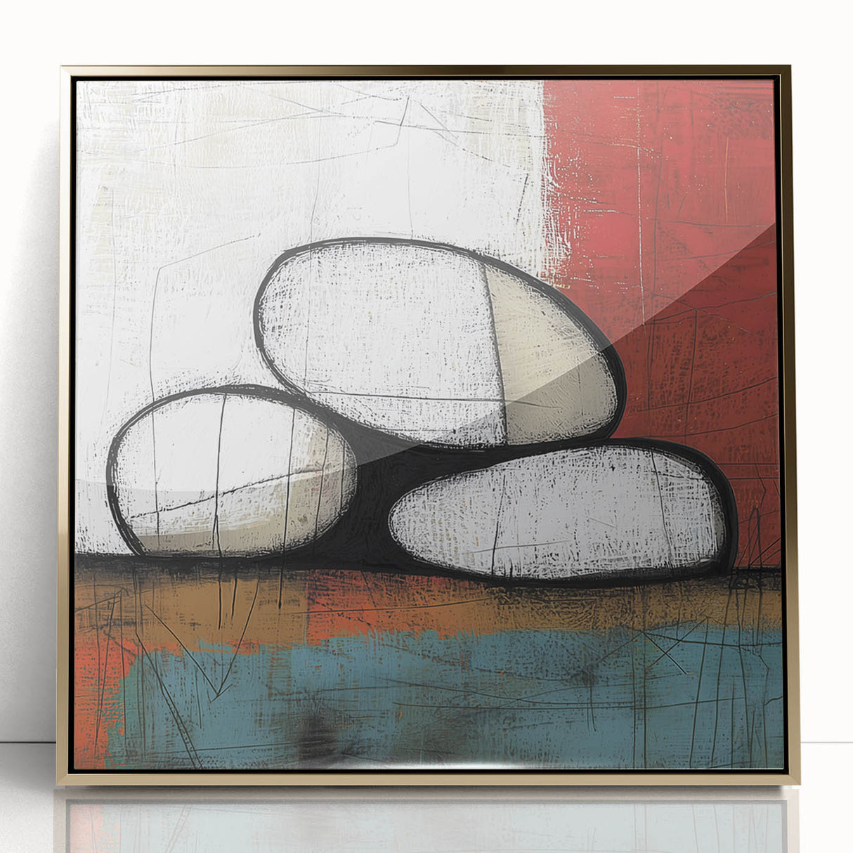 Framed acrylic artwork with an abstract geometric design in gold, showcasing intricate shapes and lines against a sleek background, ideal for modern decor.