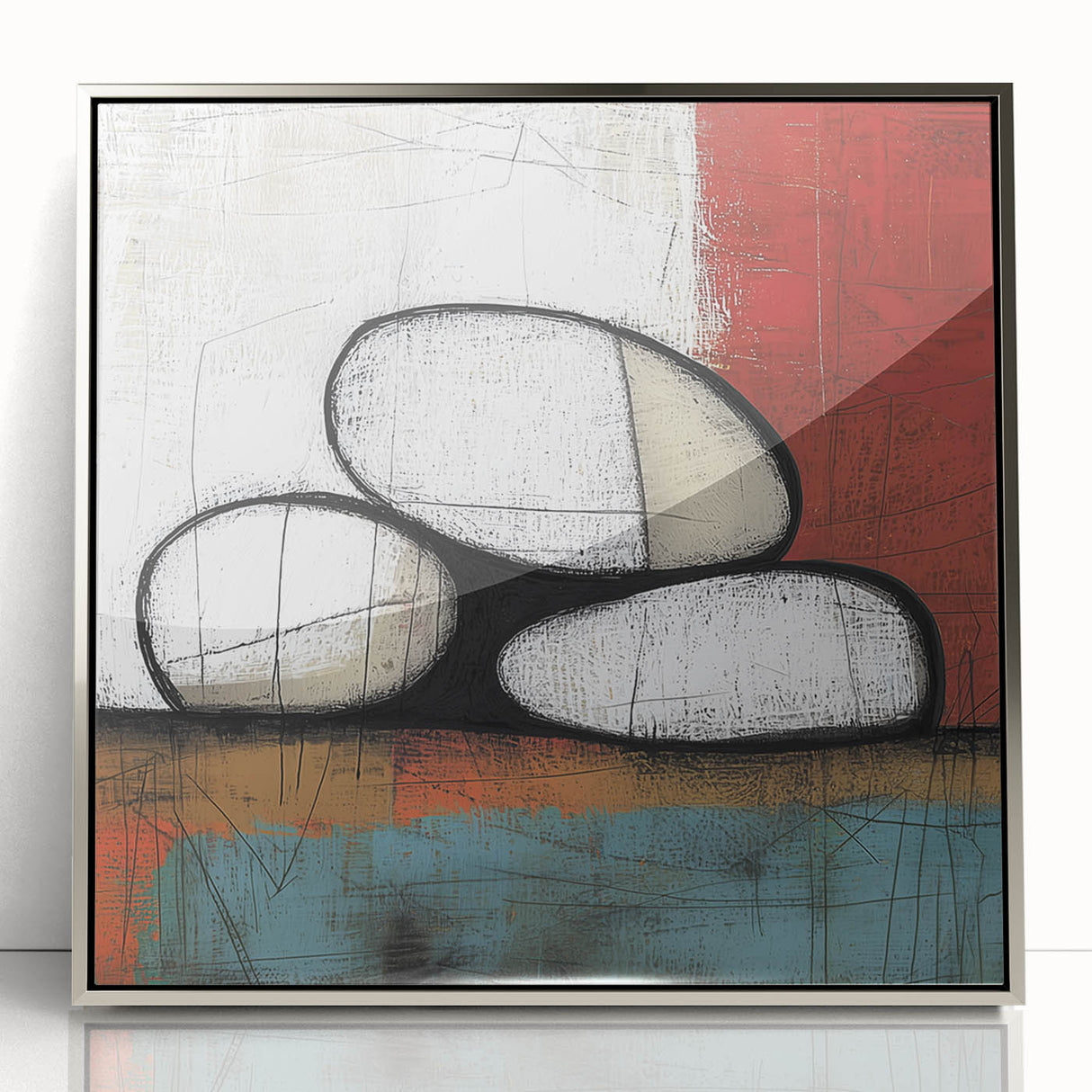 Abstract geometric art framed in silver acrylic, showcasing a modern design with intricate shapes in soft pastel colors. Perfect for contemporary home decor.