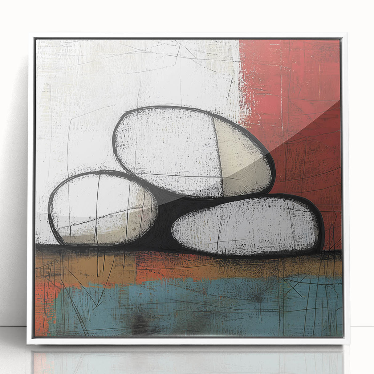 Framed acrylic artwork showcasing a modern abstract geometric design in vibrant colors, set against a white background, ideal for contemporary home decor.