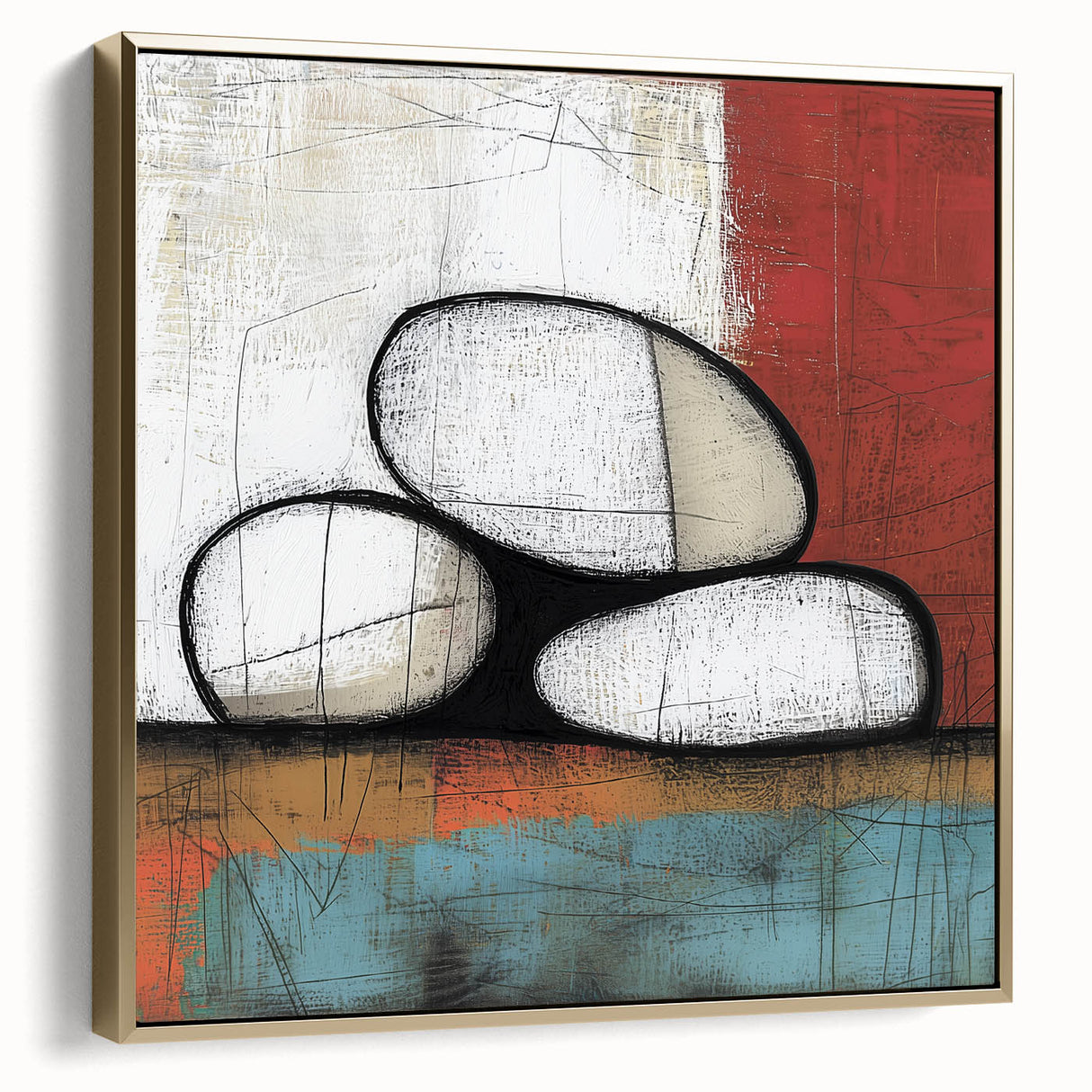 Abstract geometric framed canvas artwork in silver and gold tones, showcasing intricate patterns and modern design elements, perfect for contemporary home decor.