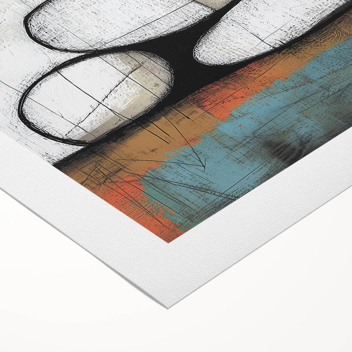 Abstract geometric rolled canvas artwork showcasing vibrant shapes in blue, orange, and yellow hues, elegantly packaged in a protective tube for safe delivery.