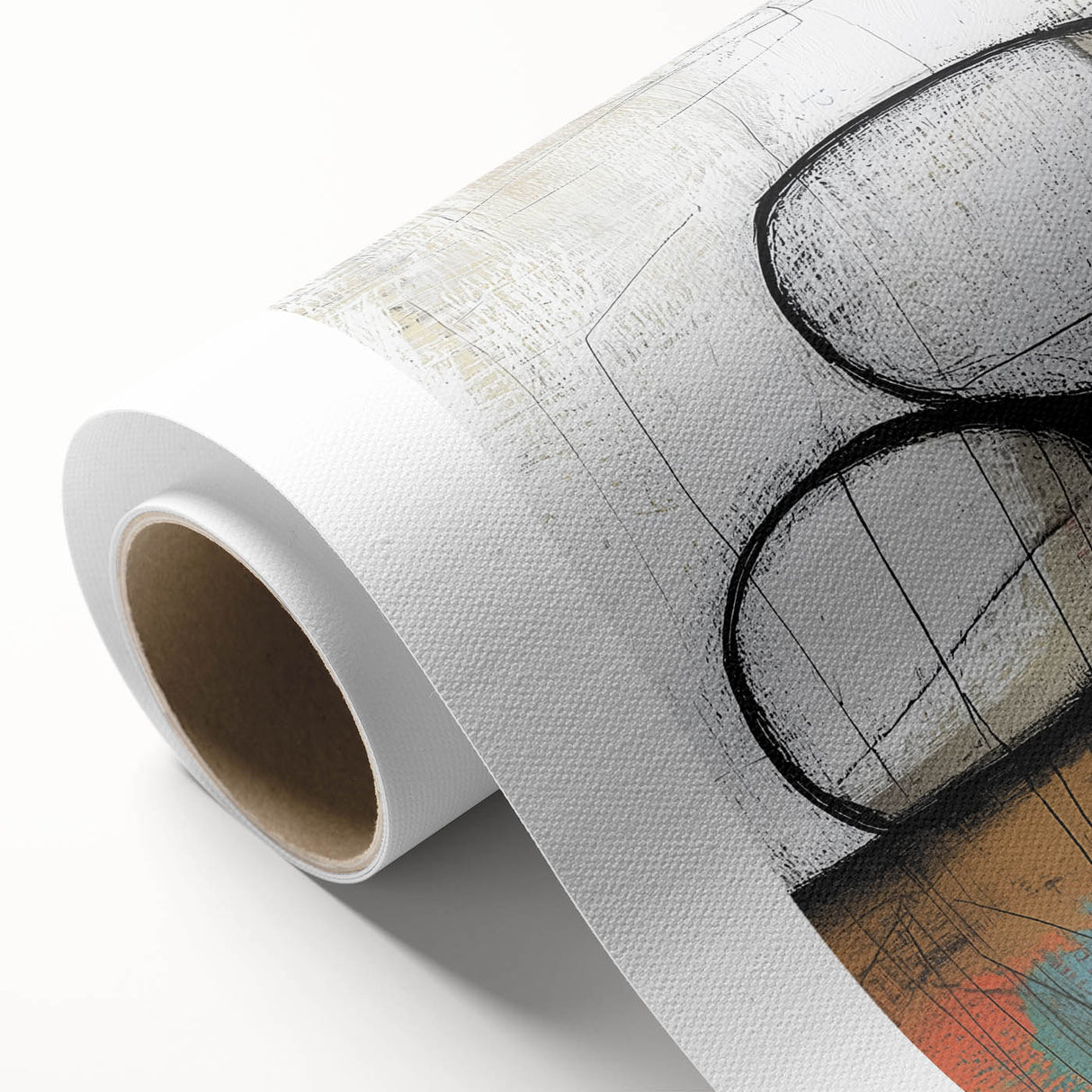 Abstract geometric rolled canvas artwork showcasing vibrant colors and intricate shapes, designed for modern home decor, presented in a protective cardboard tube.
