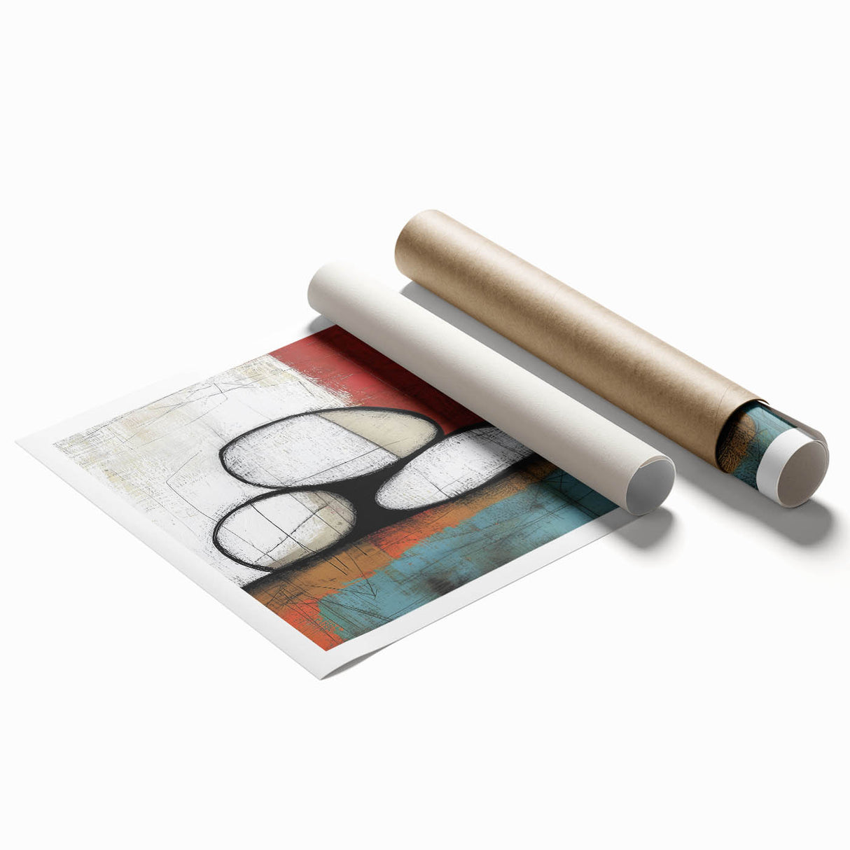 Abstract geometric rolled print featuring vibrant colors and intricate shapes, designed for contemporary home decor, elegantly packaged in a protective cardboard tube.