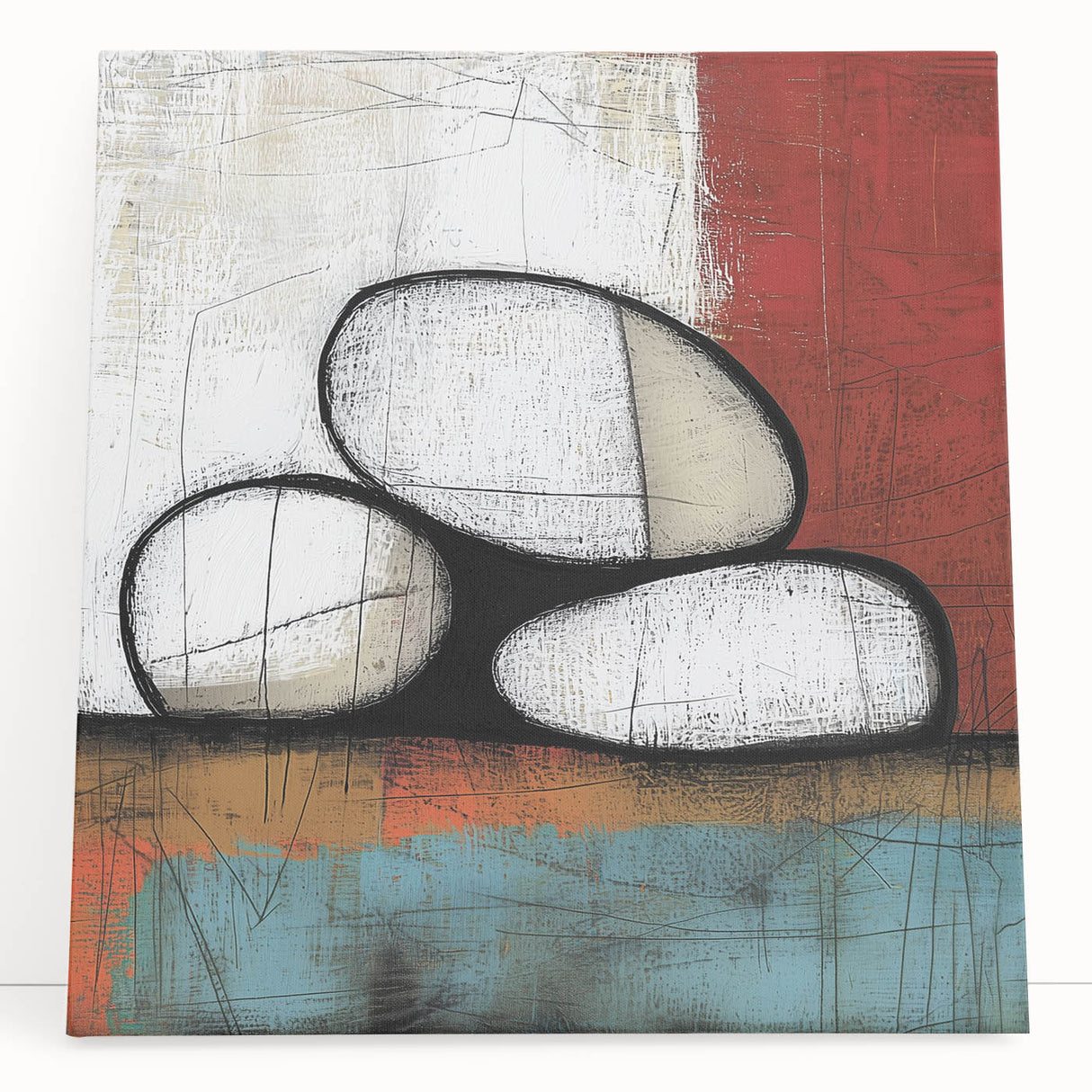 Abstract geometric stretched canvas art piece featuring vibrant colors and sharp shapes, leaning against a white wall, ideal for modern home decor. This stylish artwork adds a contemporary touch to any living space, showcasing a captivating design that enhances interior aesthetics.