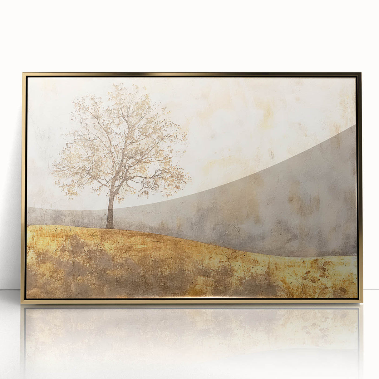 Framed abstract landscape wall art featuring vibrant gold accents, perfect for modern home decor. Ideal for adding elegance to living spaces or offices.