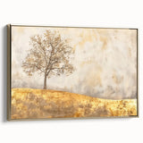 Framed canvas art showcasing an abstract landscape with gold accents, displayed in a modern setting, ideal for home decor and artistic ambiance.