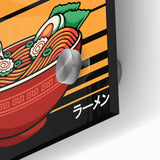 Close-up of large abstract wall art featuring assorted food dishes in mid-century modernist style on acrylic glass.