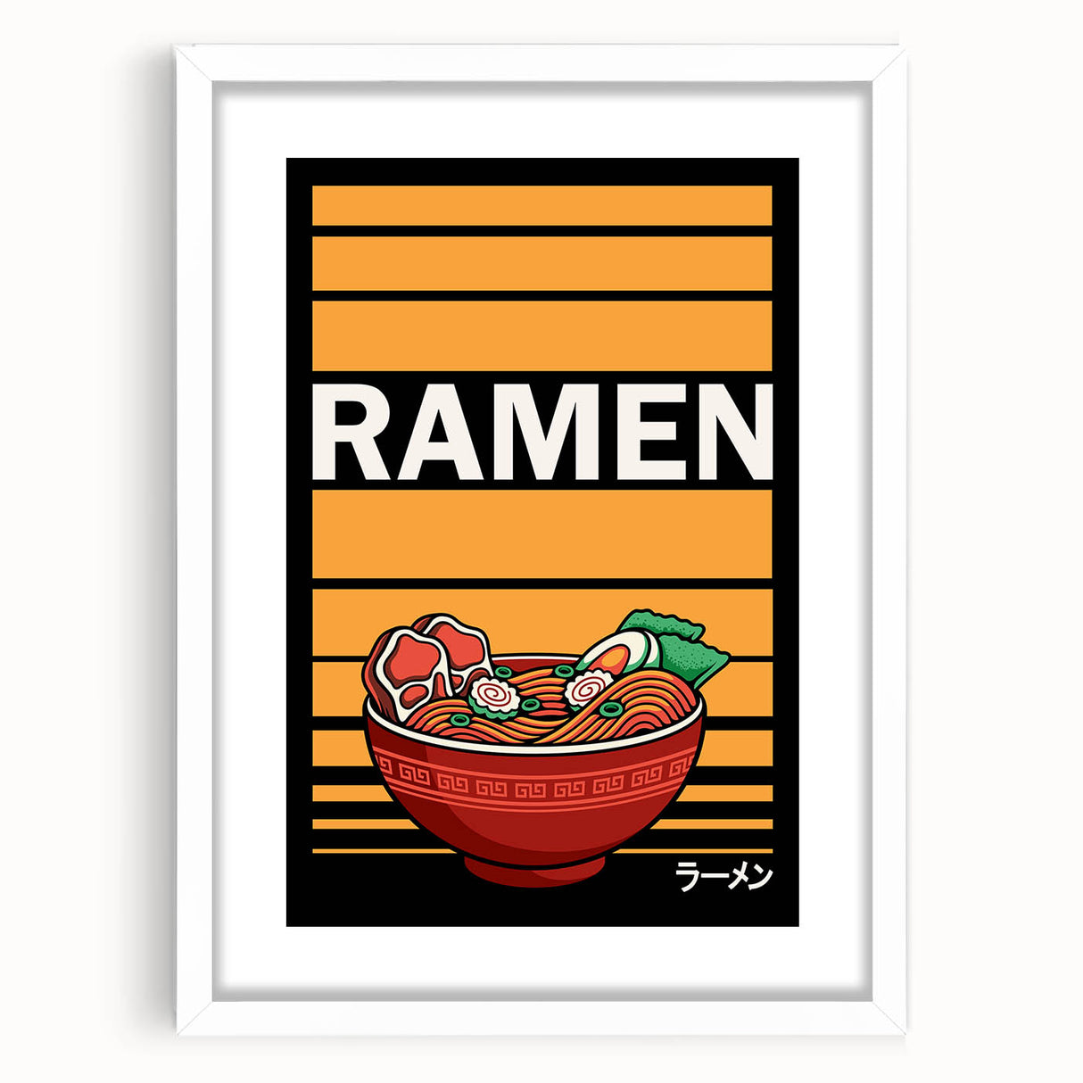 Abstract art print featuring assorted food dishes in muted earth tones, framed with a white mat.