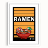 Abstract art print featuring assorted food dishes in muted earth tones, framed with a white mat.