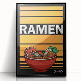 Large abstract wall art featuring assorted food dishes in a mid-century modernist style, framed in black acrylic.