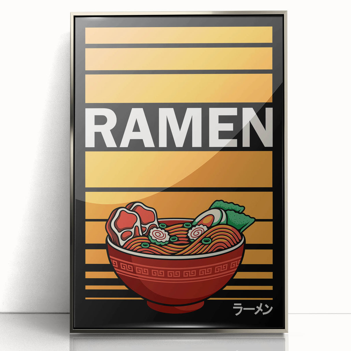Mid-century modernist art featuring various colorful food dishes on a silver acrylic framed print.
