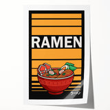 Art deco poster featuring an array of colorful food dishes on rolled print, suitable for dining room decor.