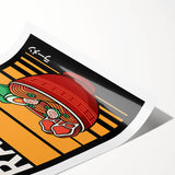 Art deco poster featuring assorted food dishes in bold black outlines on a white background.