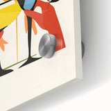 Large abstract wall art in vibrant orange and blue tones on acrylic glass, ideal for dining room ambiance.