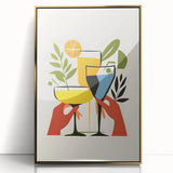 Art deco poster of food and drinks in gold and black hues, acrylic framed, suitable for modern kitchen decor.