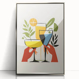Large art print of a mid-century modernist food and drink motif in muted colors, framed in silver acrylic.