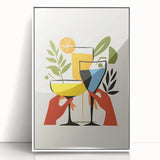 Mid-century modernist art depicting colorful fruits on a white acrylic framed poster, ideal for nursery wall decor.