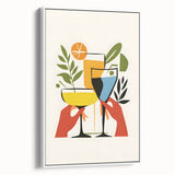 Extra large vintage poster art of colorful food and drinks on a white framed canvas, ideal for living room decor.