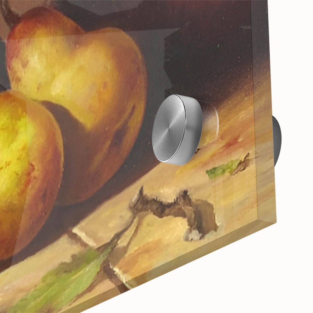 Large abstract wall art featuring assorted fruits in vibrant colors on acrylic glass, suitable for dining room decor.