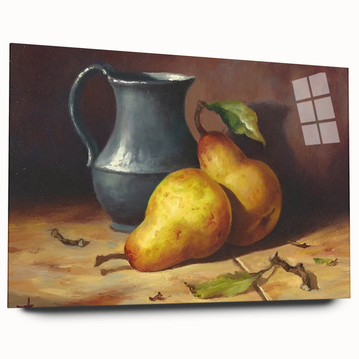 Large abstract wall art featuring assorted fruits in vibrant colors on acrylic glass, ideal for bedroom or dining room decor.