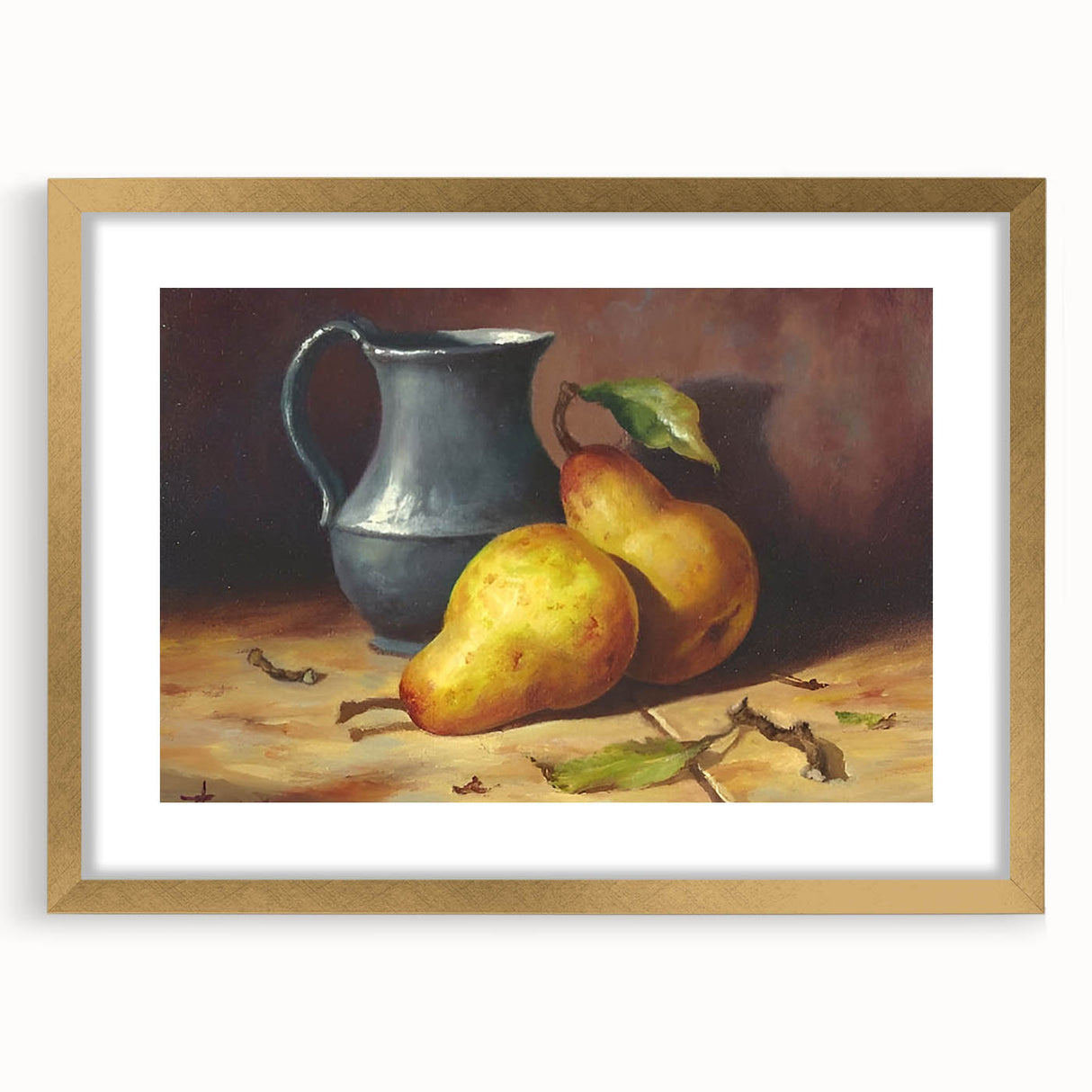 Extra large abstract art print featuring textured fruit designs in vibrant colors on a gold-framed canvas.