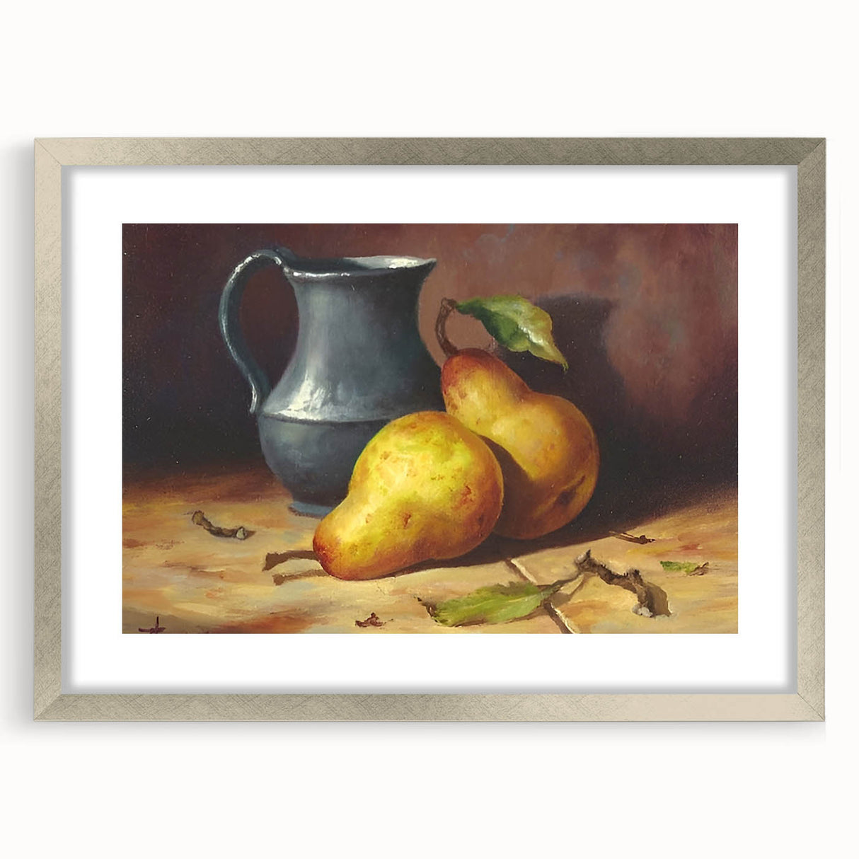 Textured abstract art print featuring a variety of fruits in vibrant colors, framed in silver, ideal for kitchen wall decor.