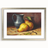 Textured abstract art print featuring a variety of fruits in vibrant colors, framed in silver, ideal for kitchen wall decor.