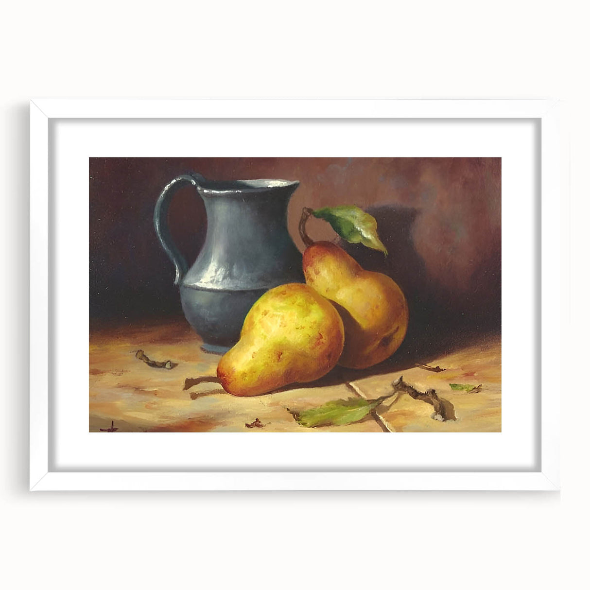 Abstract art print of assorted fruits in vibrant colors, framed with a white mat, ideal for dining room decor.
