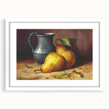 Abstract art print of assorted fruits in vibrant colors, framed with a white mat, ideal for dining room decor.
