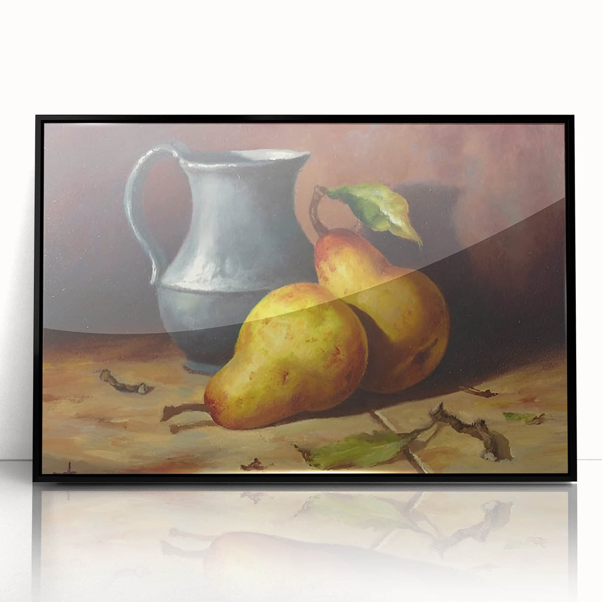 Large abstract wall art featuring assorted fruits in bold colors on a black acrylic framed print, suitable for kitchen decor.