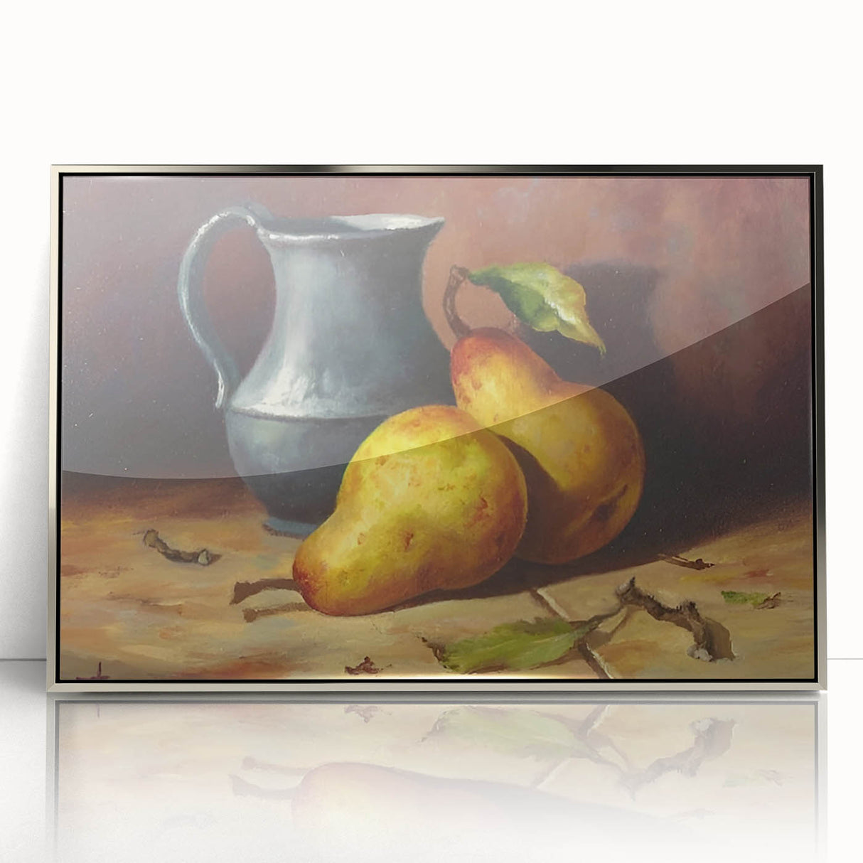 Mid-century modernist art featuring vibrant fruits on a silver-framed acrylic print, suitable for modern kitchen decor.